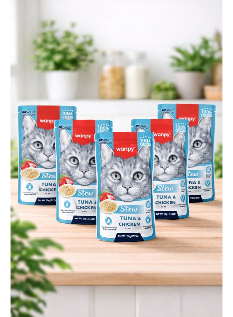 Stew Adult Wet Cat Food – Tuna & Chicken in Gravy – 100% Real Meat & Grain-Free – 420 g (5 x 70 g Pouches)